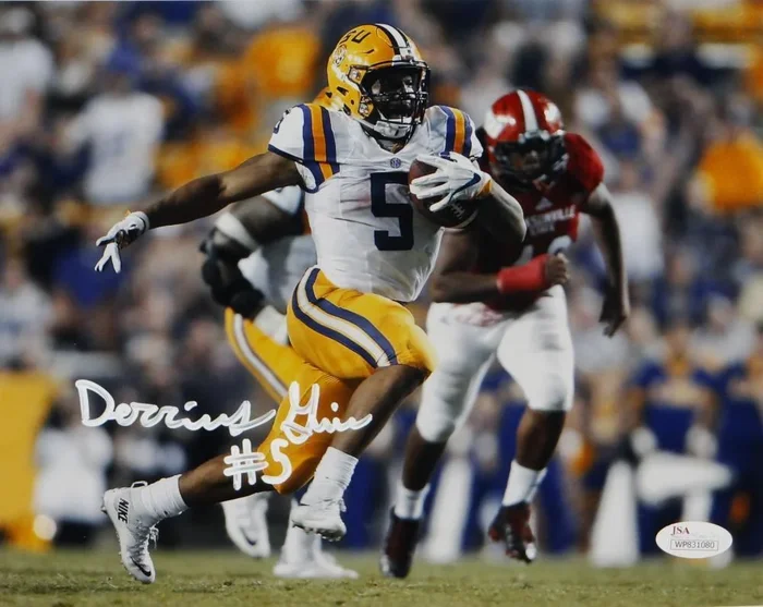 Derrius Guice Autographed LSU 8×10 Running Photo – JSA W Auth *White